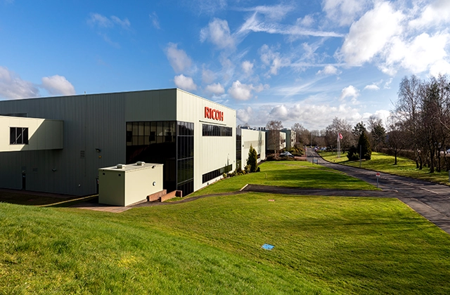 Ricoh UK Products Ltd (RPL) Telford site, main building, and surrounding green space.