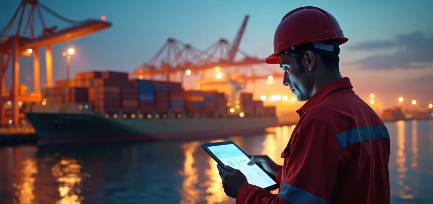 An individual in a hi-vis vest and hat, operating a tablet at a trade port.